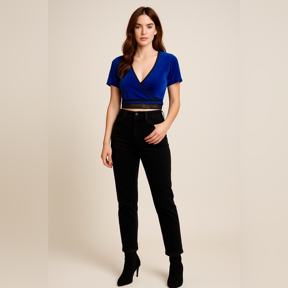 Urban Outfitters Royal Blue Velvet Mesh Trim Crop Top | Size S | Y2K Party Look - Picture 2 of 7